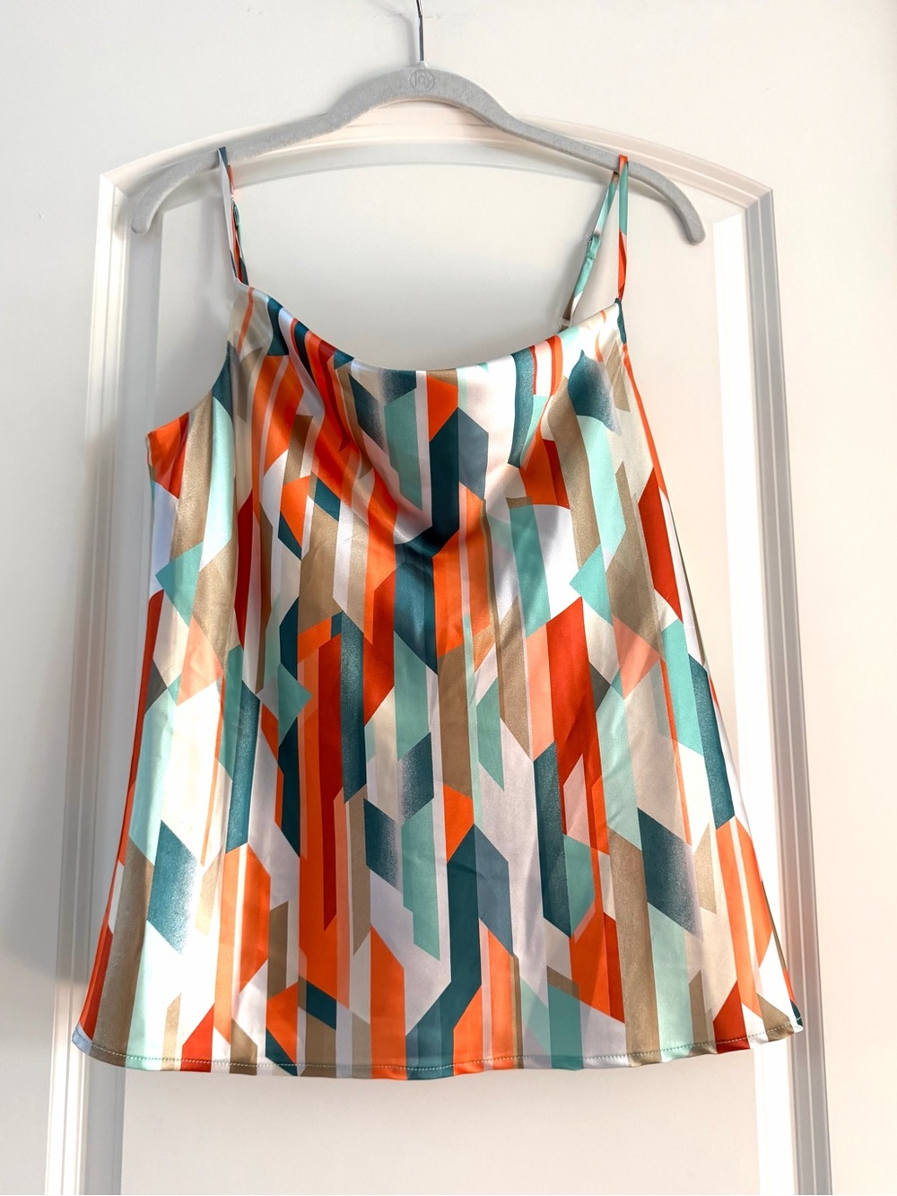 White Rhino WhyRanno Silky Geometric Colorful Artsy Spaghetti Strap Top. SZ L.